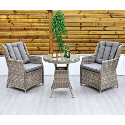 Dominica 70cm Round Table & 2 Dining Chairs Outdoor Set – Grey with Grey Cushions