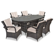 Grenada 180x100 Oval Table & 6 Dining Chairs Outdoor Set – Brown Black with Beige Cushions