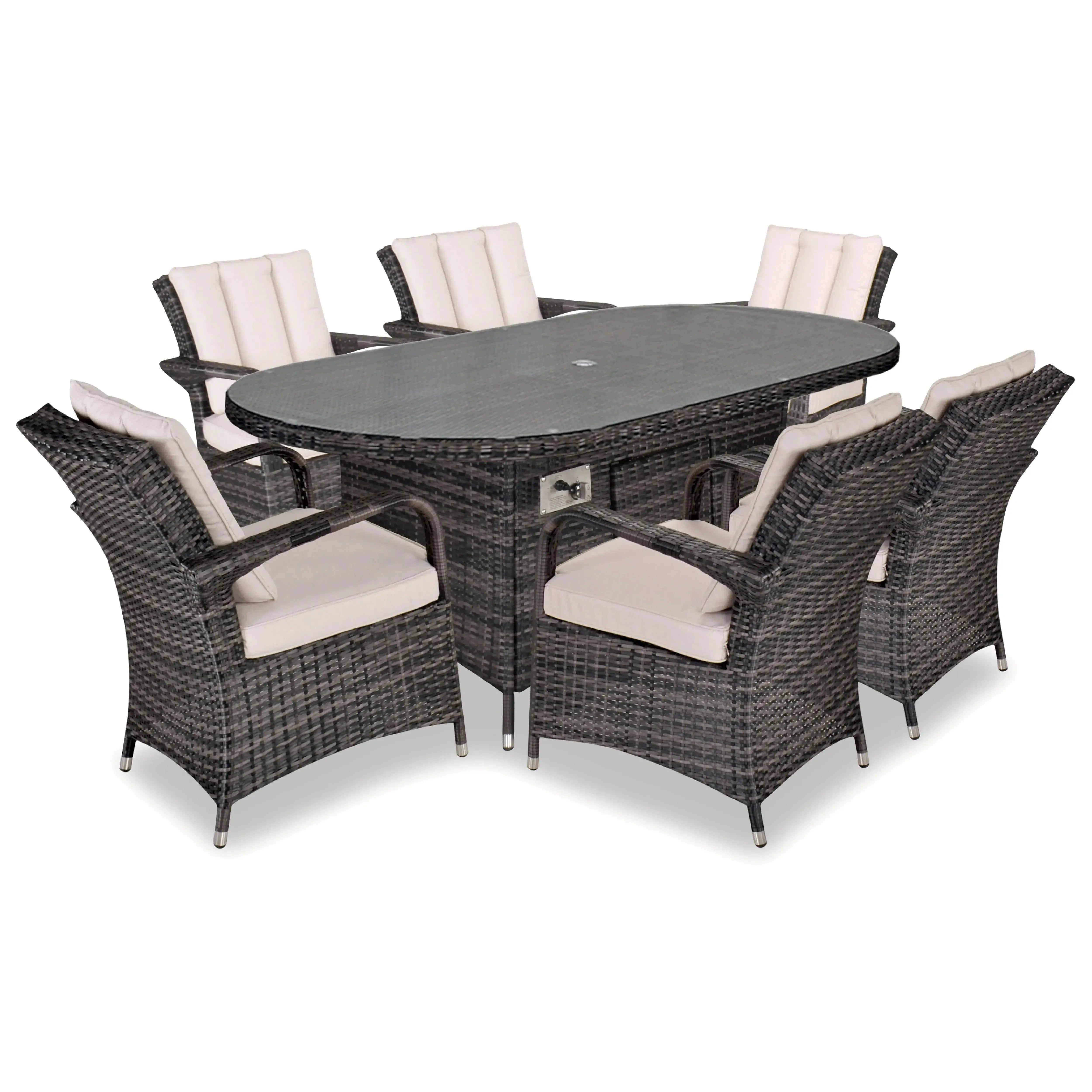 Grenada 180x100 Oval Table & 6 Dining Chairs Outdoor Set – Brown Black with Beige Cushions