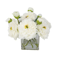 Rustic White Artificial Peony Arrangement in Square Vase - Large