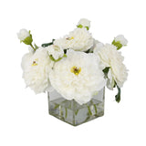 Rustic White Artificial Peony Arrangement in Square Vase - Large