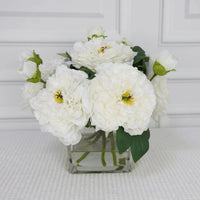 Rustic White Artificial Peony Arrangement in Square Vase - Large