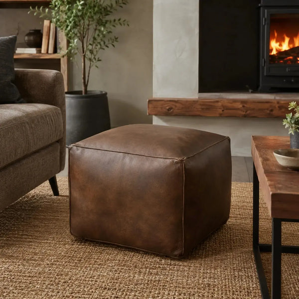 Sebastion Leather Pouffe - Dark Grey