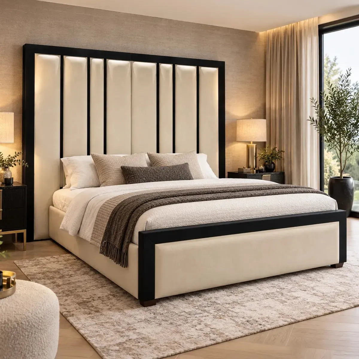 Symphony King Size Bed in Plush Cream with Ebony Piping