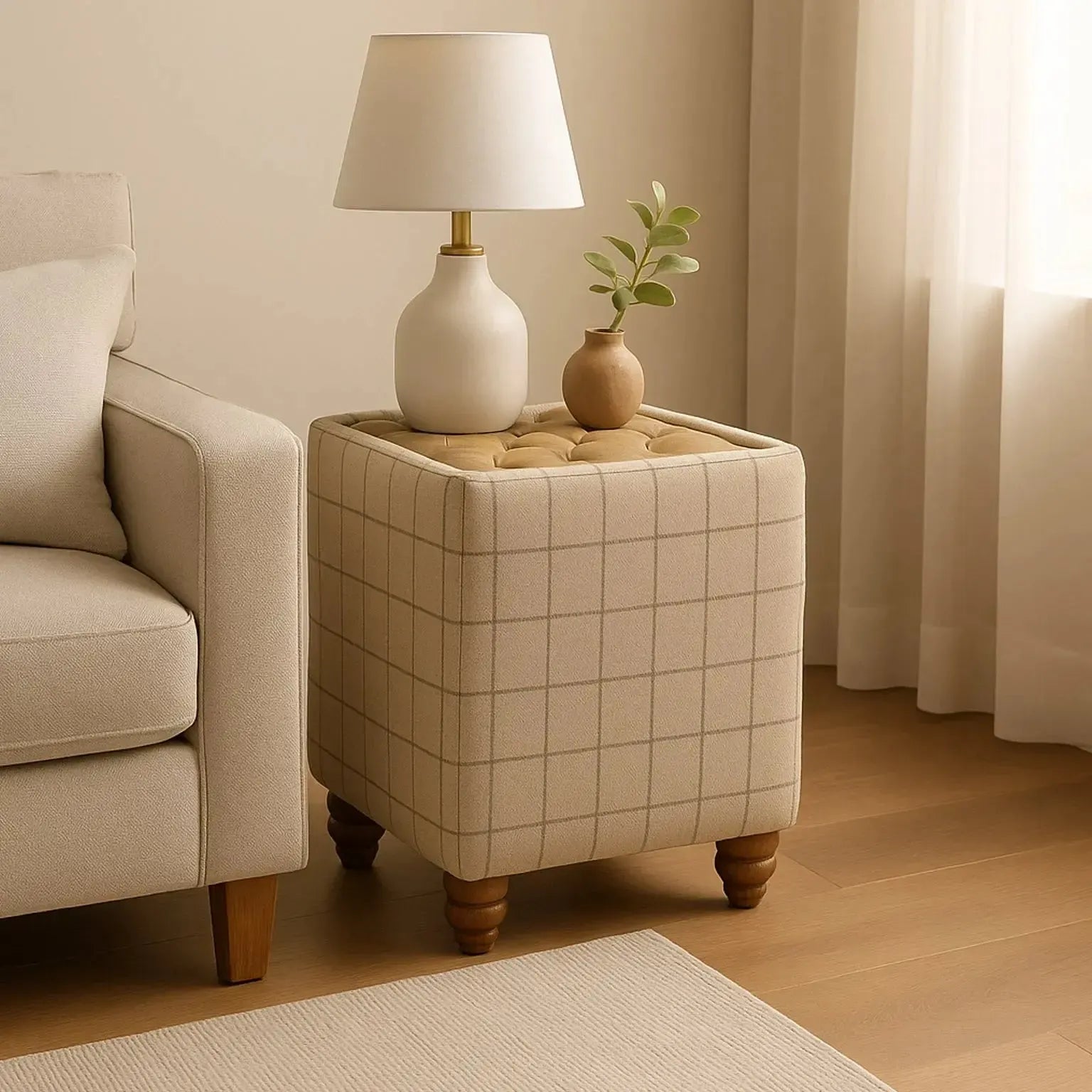 Tobias - Side Table in Leather and Beige Wool with Glass Top