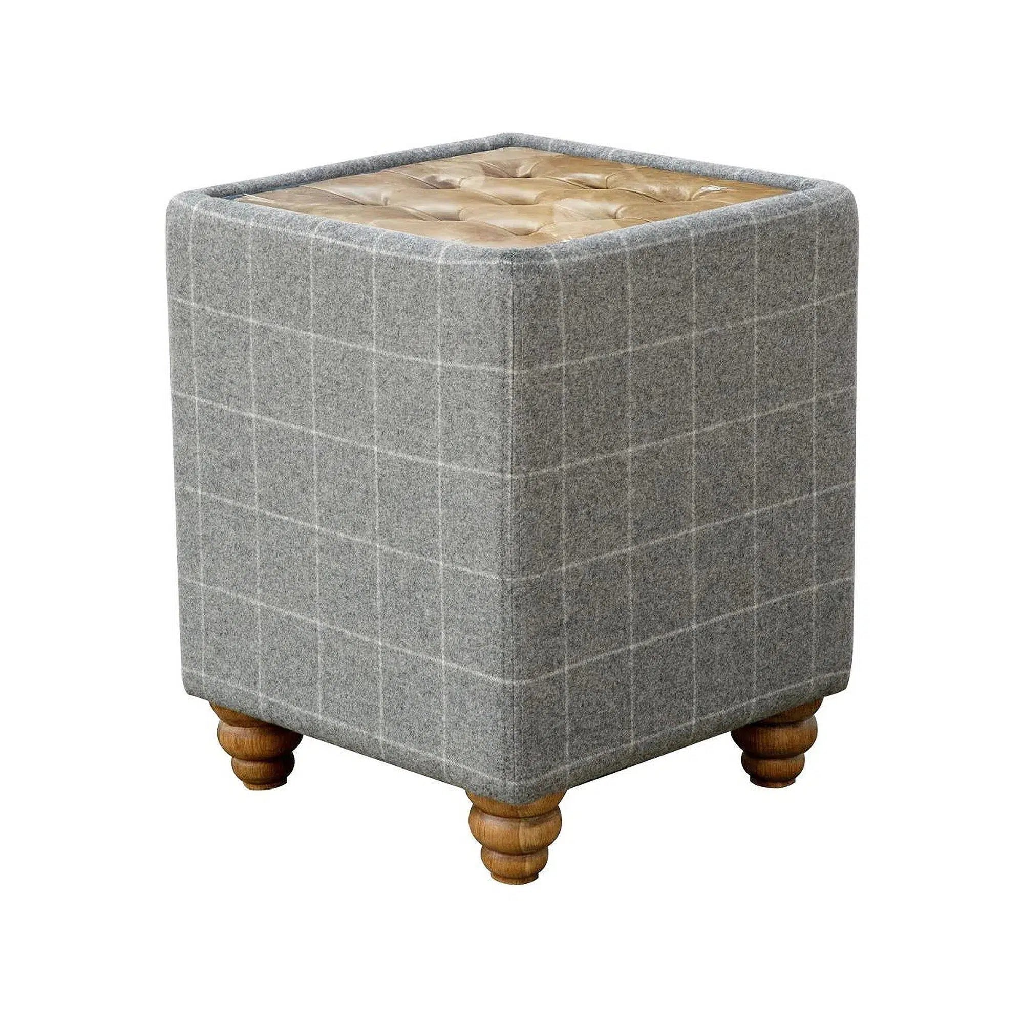 Tobias - Side Table in Leather and Grey Wool with Glass Top
