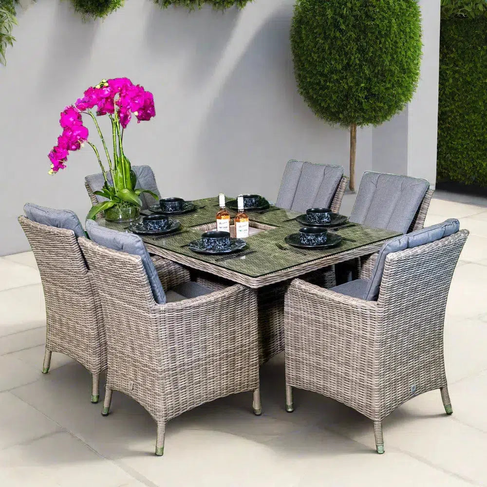 Valentina Small Grey Rectangular Rattan Set with Ice Bucket + 6 Solid Arm Chairs