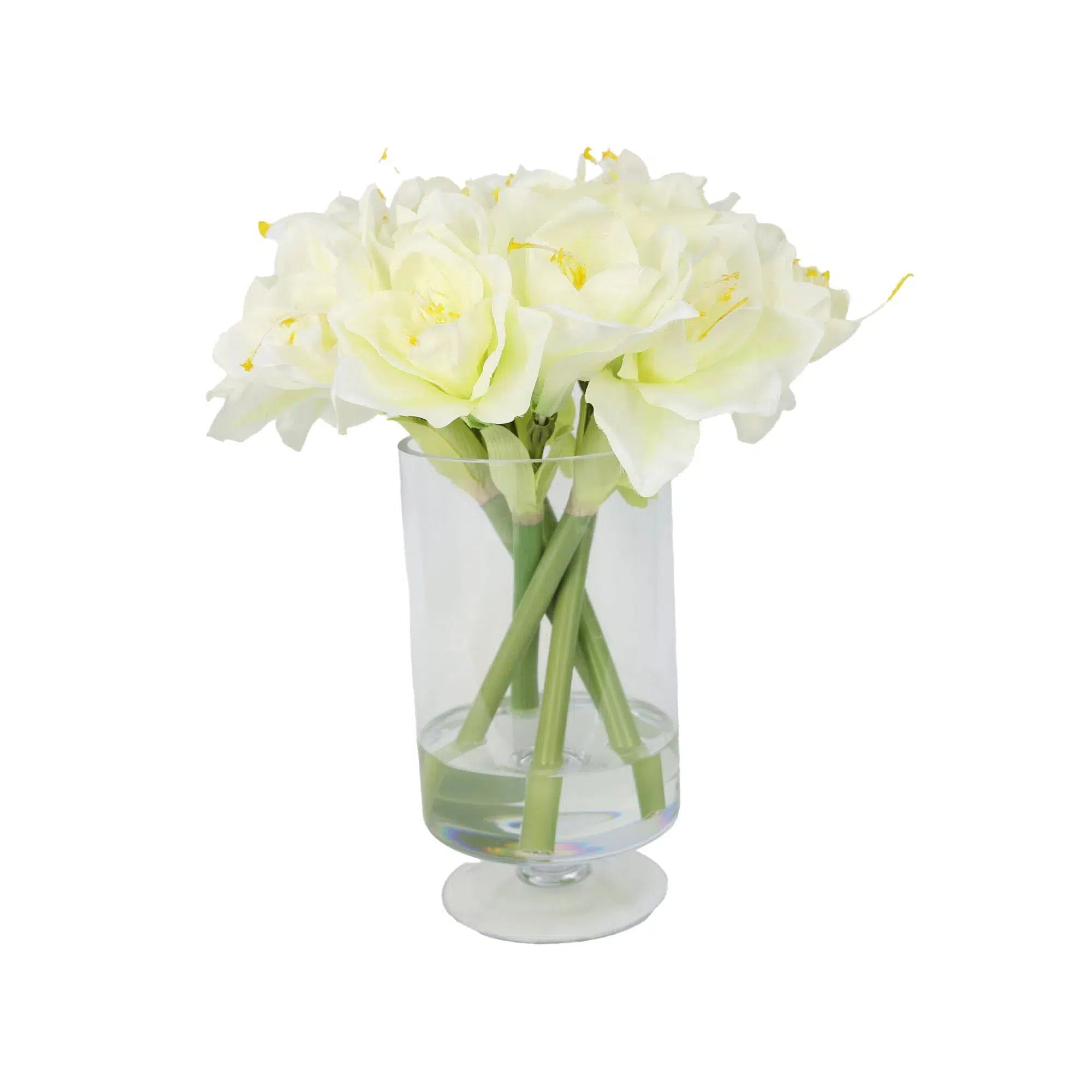 White Artificial Amaryllis Arrangement in Hurricane Vase