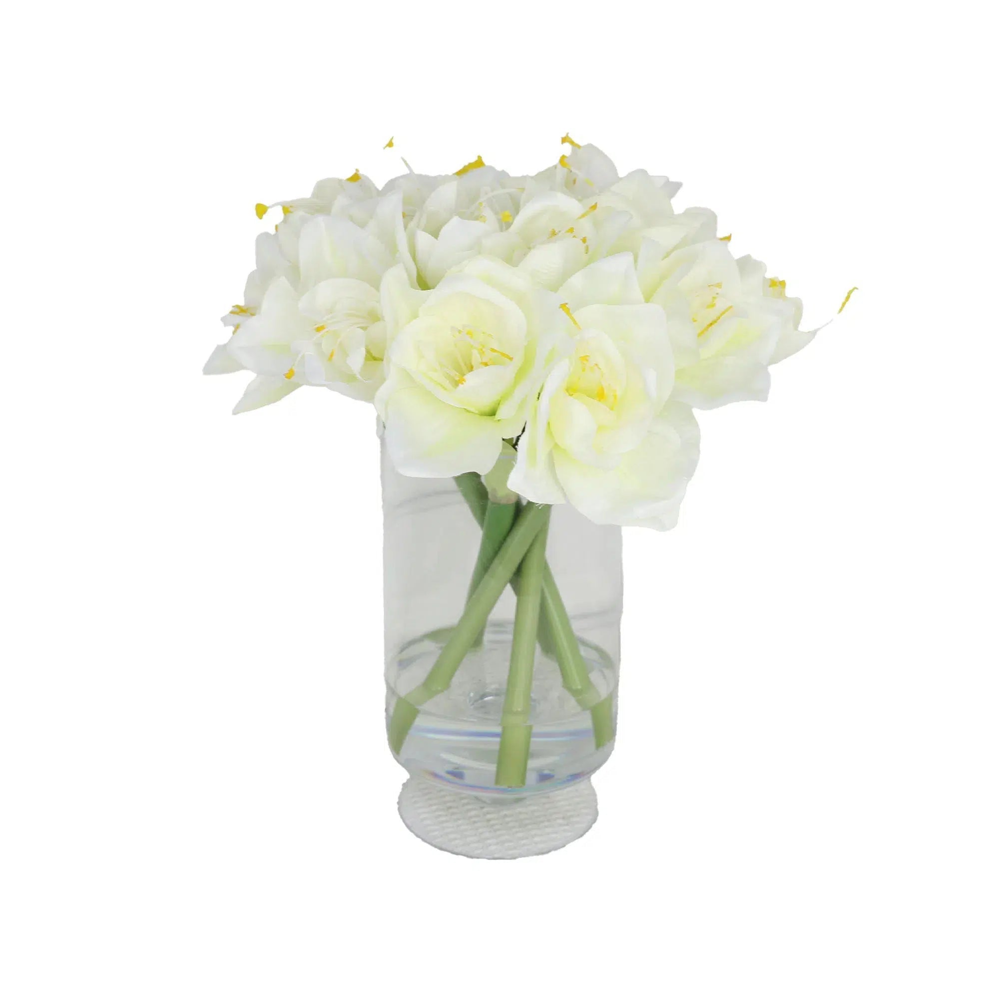 White Artificial Amaryllis Arrangement in Hurricane Vase