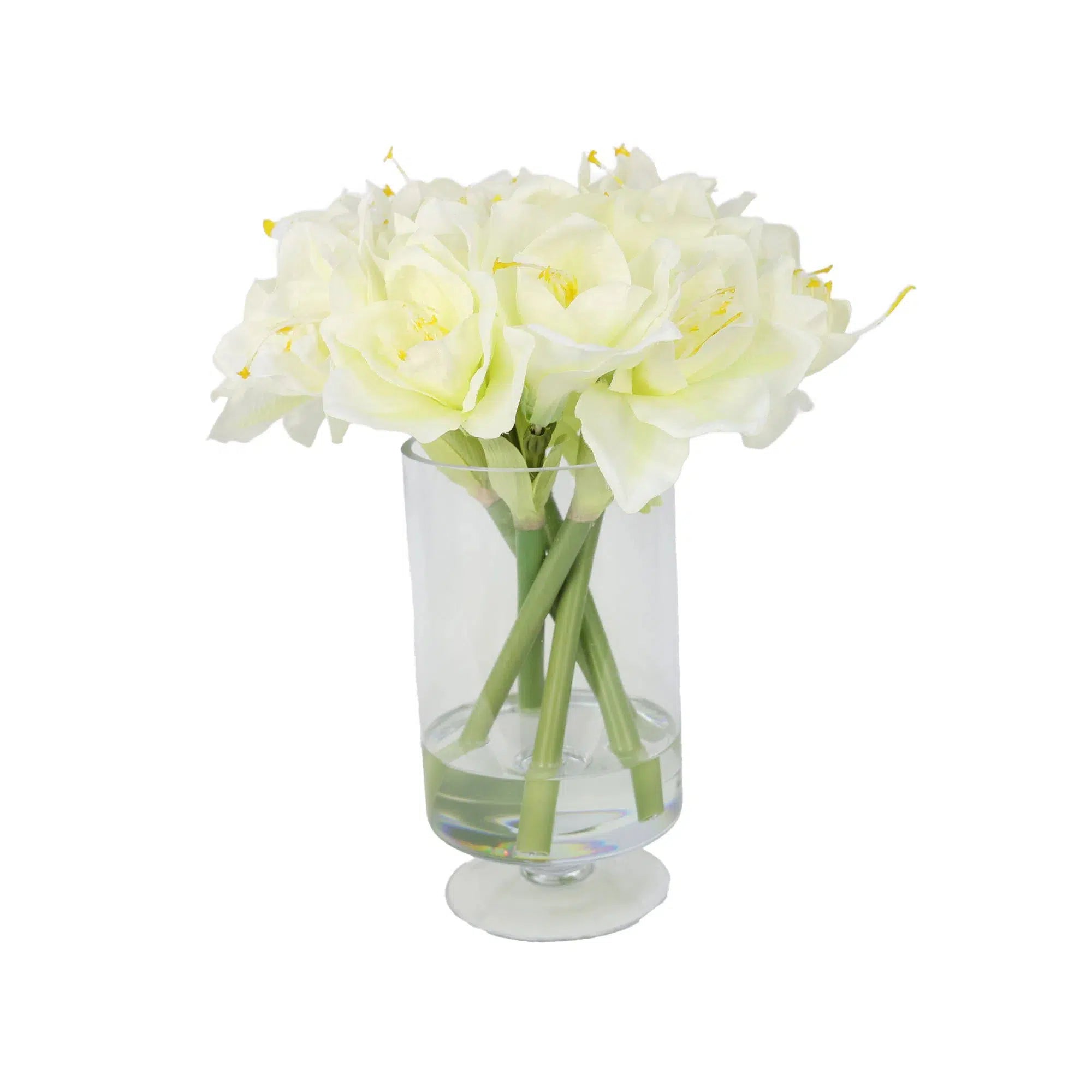 White Artificial Amaryllis Arrangement in Hurricane Vase