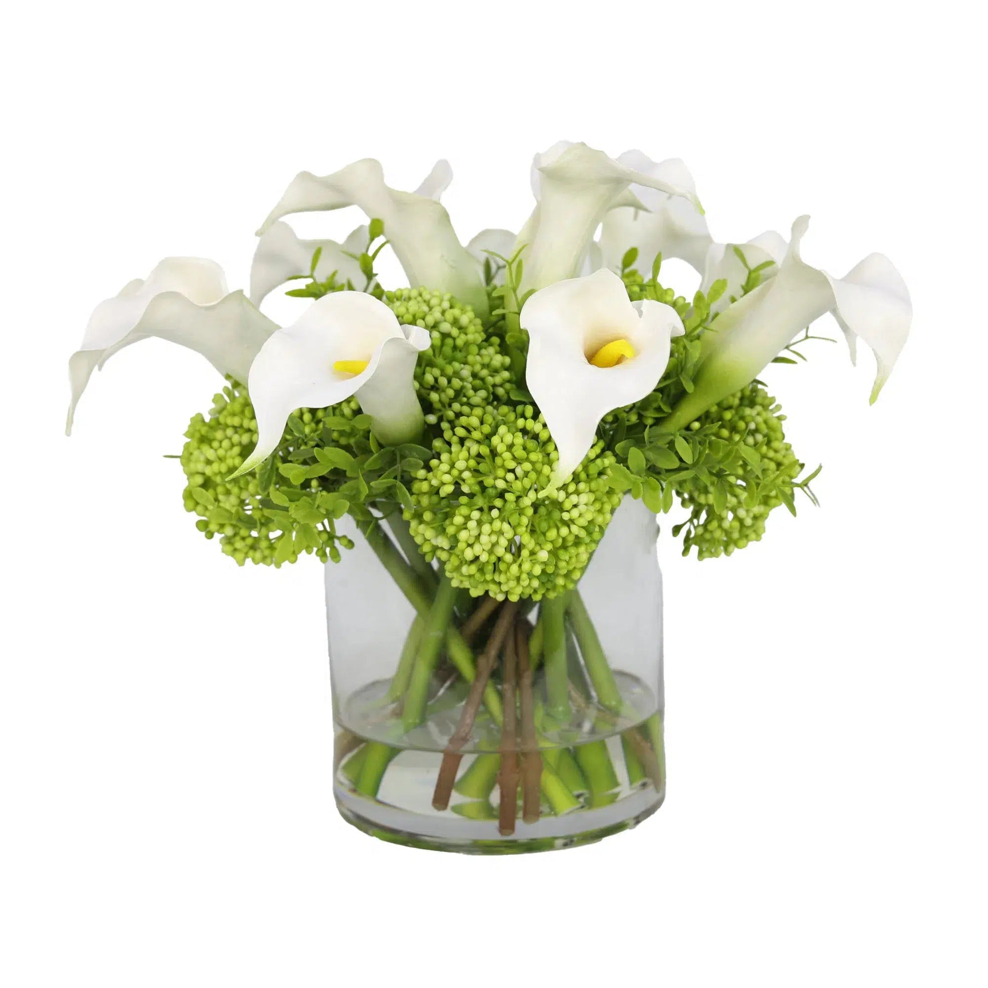 White Artificial Calla Lily with Green Berry Arrangement in Cylindrical Vase - Large