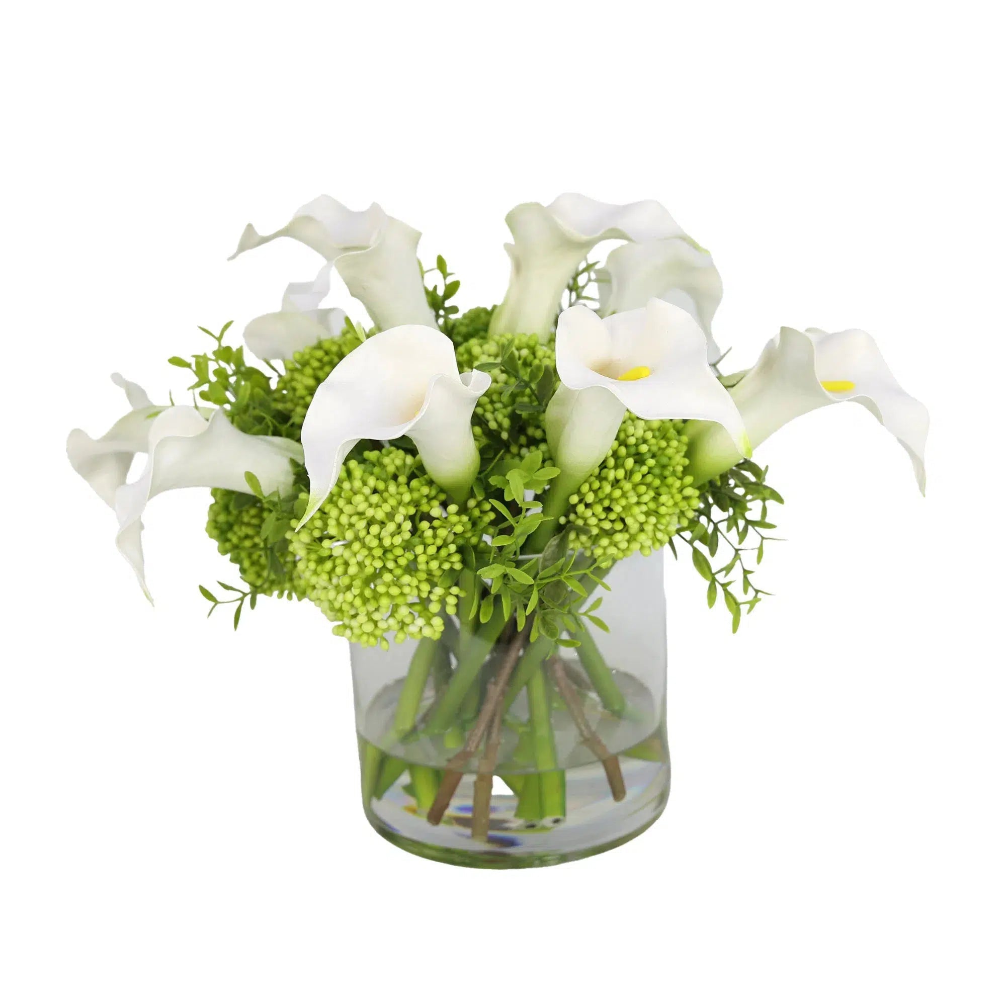 White Artificial Calla Lily with Green Berry Arrangement in Cylindrical Vase - Large