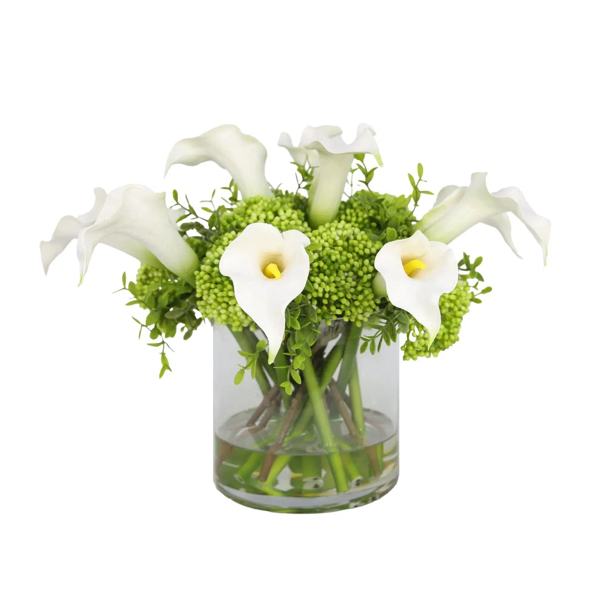 White Artificial Calla Lily with Green Berry Arrangement in Cylindrical Vase - Large