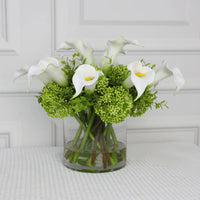 White Artificial Calla Lily with Green Berry Arrangement in Cylindrical Vase - Large