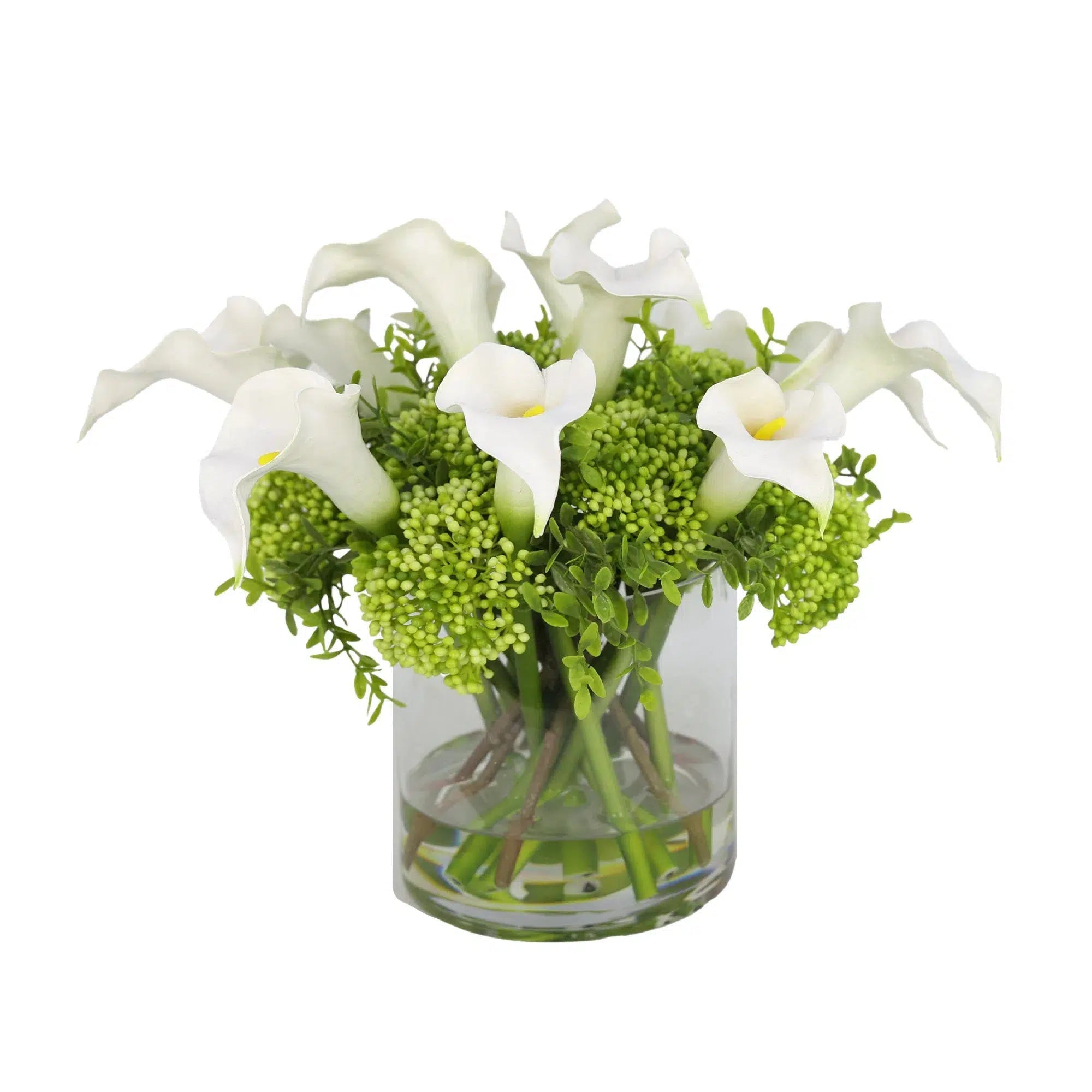 White Artificial Calla Lily with Green Berry Arrangement in Cylindrical Vase - Large