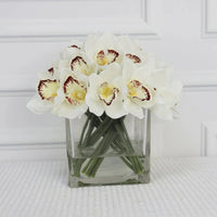 White Artificial Cymbidium Arrangement in Square Vase - Large