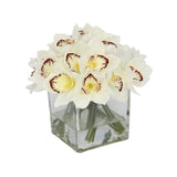 White Artificial Cymbidium Arrangement in Square Vase - Large