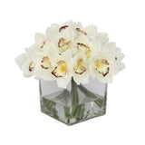 White Artificial Cymbidium Arrangement in Square Vase - Large