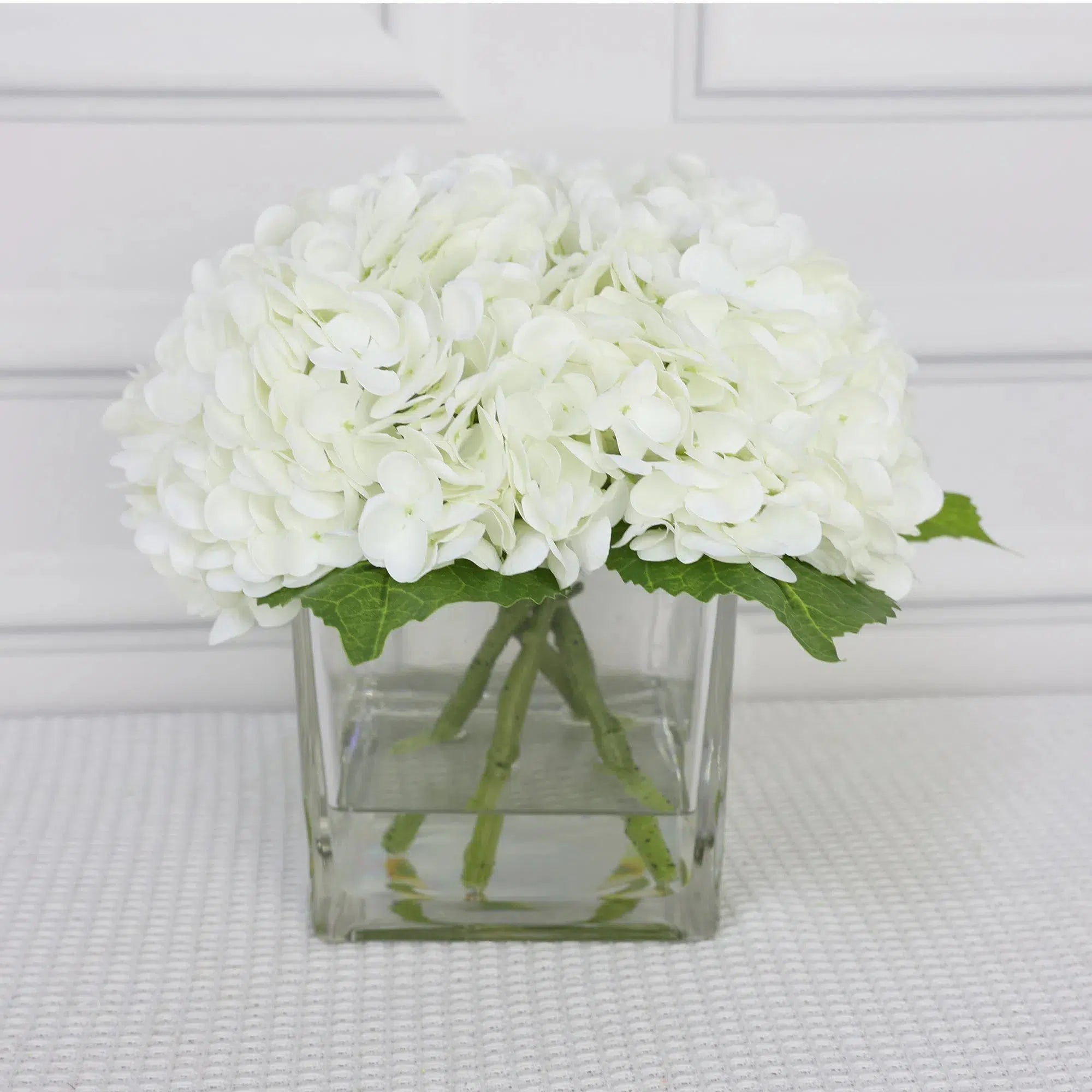 White Artificial Hydrangea Arrangement in Square Vase - Large