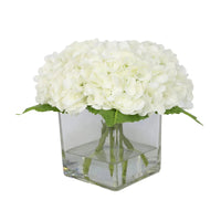 White Artificial Hydrangea Arrangement in Square Vase - Large