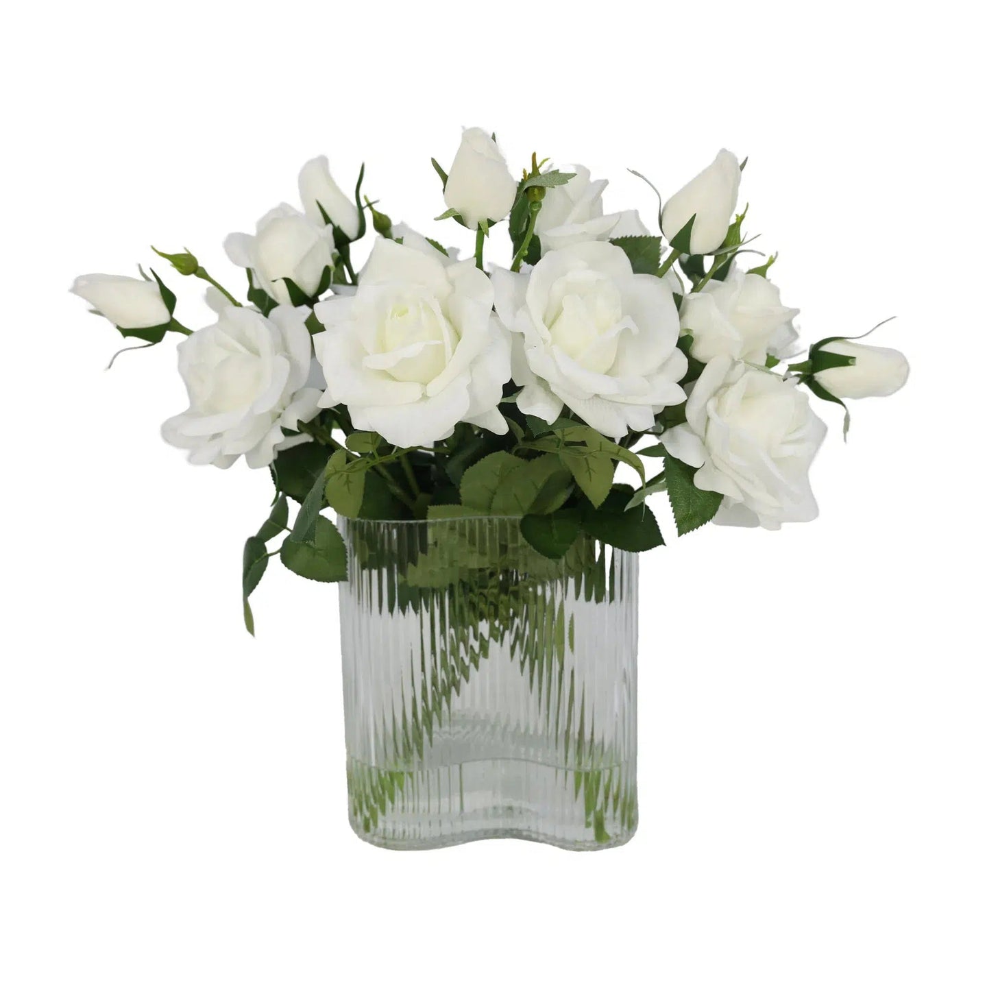 White Artificial Large Rose Arrangement in strip clear glass vase