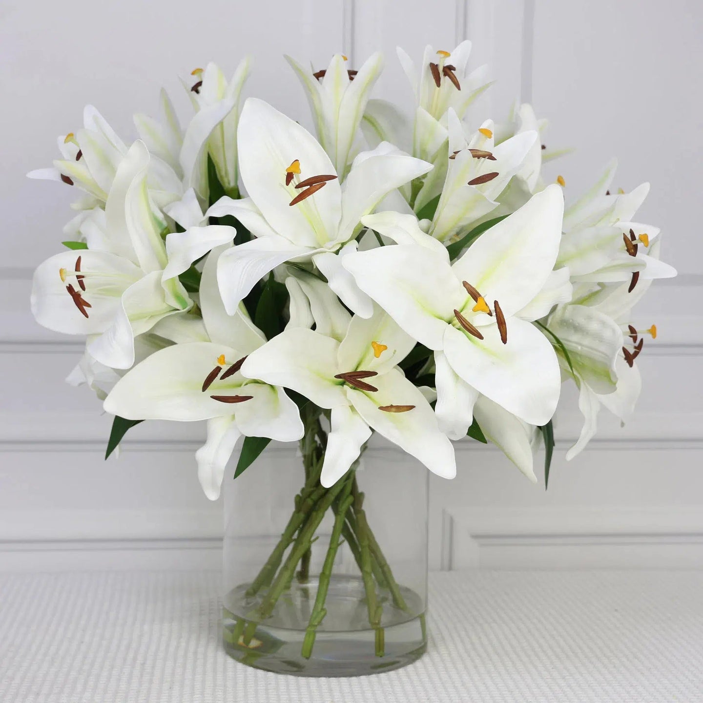 White Artificial Lily Arrangement in Round Vase