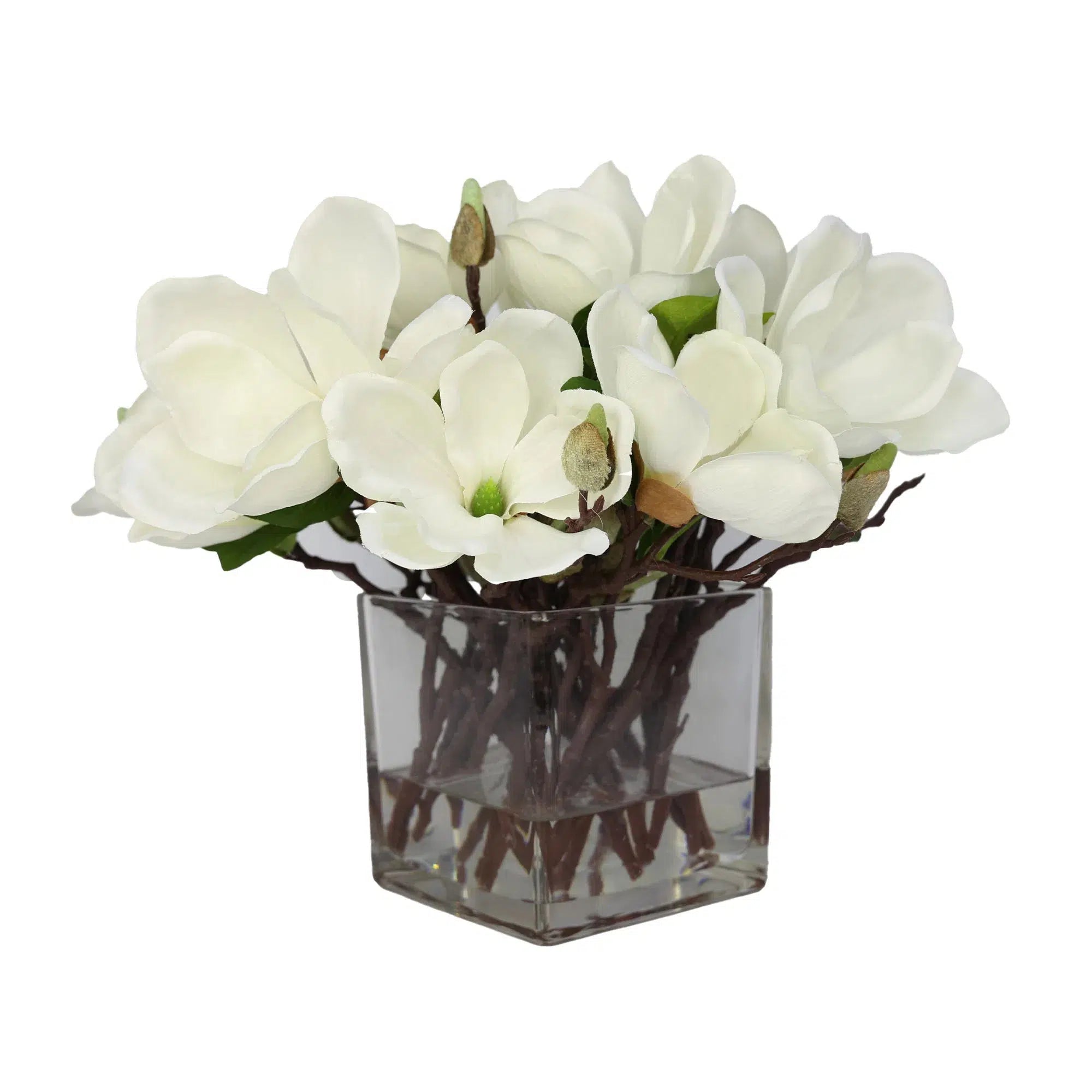 White Artificial Magnolia Arrangement in Square Vase - Large