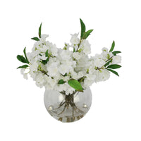 White Artificial Plum Blossom Arrangement in Round Vase