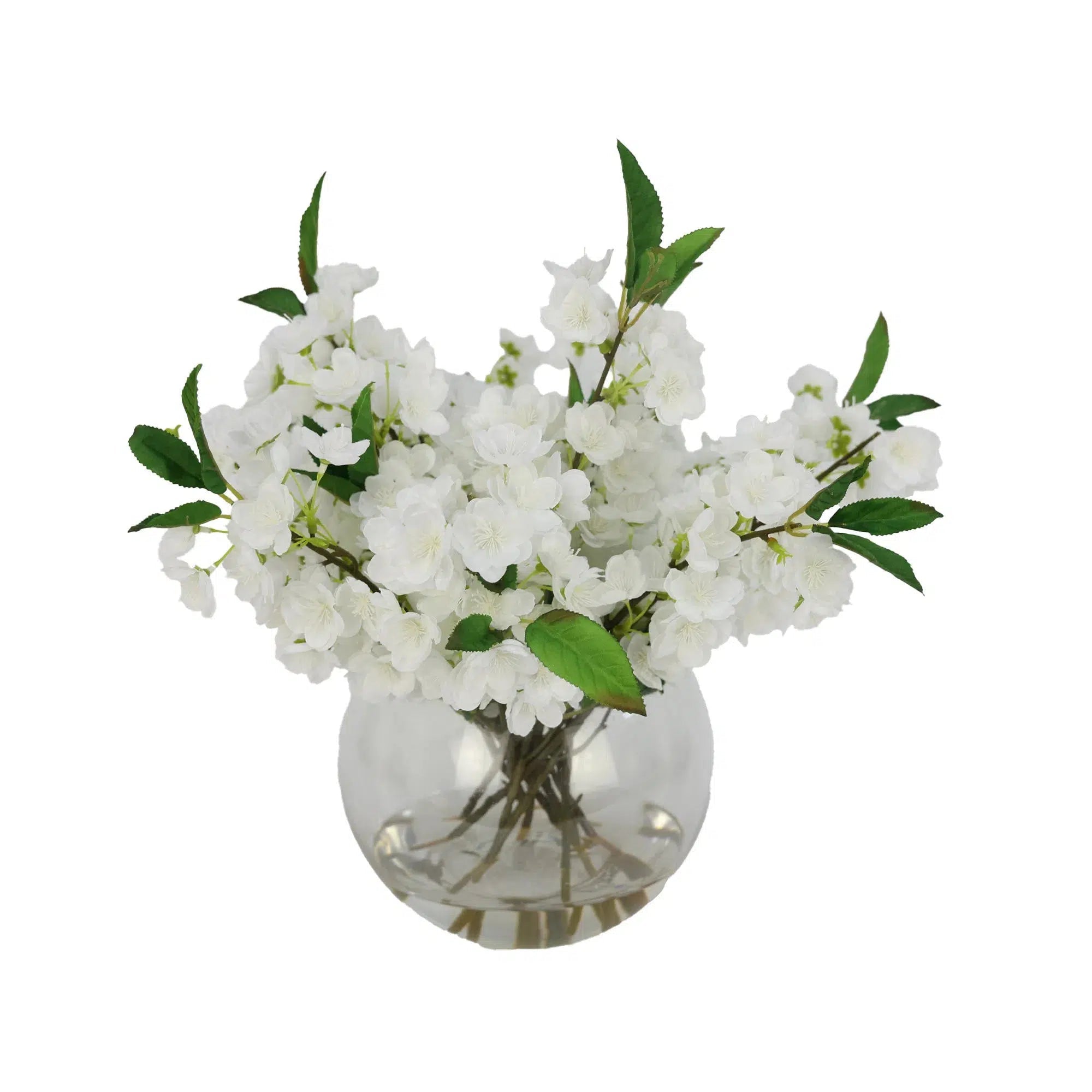 White Artificial Plum Blossom Arrangement in Round Vase