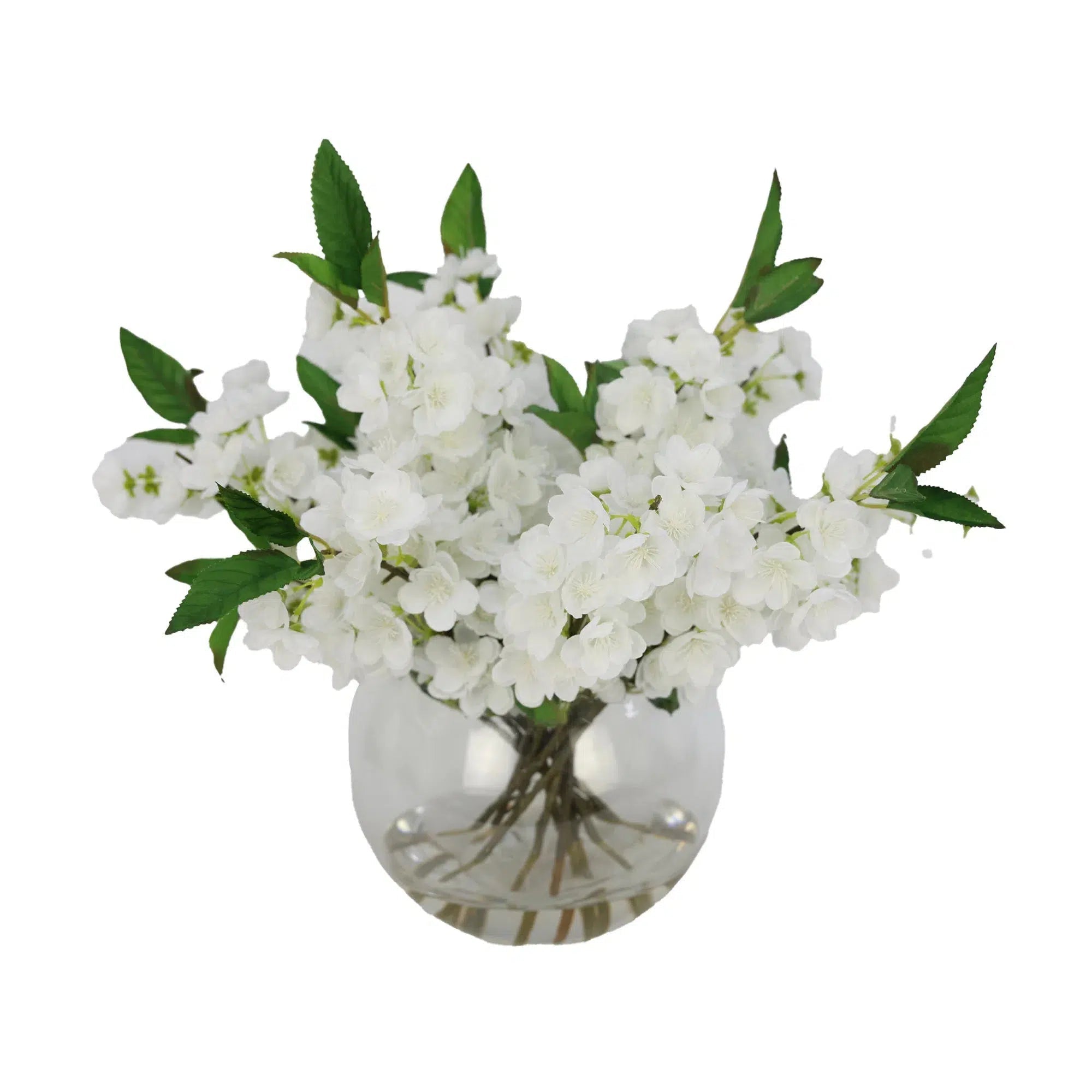 White Artificial Plum Blossom Arrangement in Round Vase