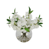 White Artificial Plum Blossom Arrangement in Round Vase