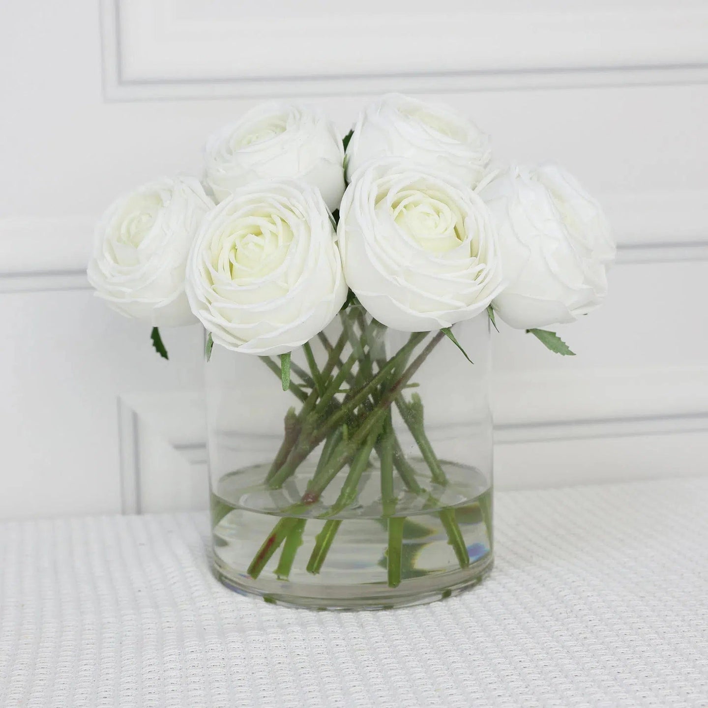 White Artificial Rose Arrangement in Cylindrical Vase - Large