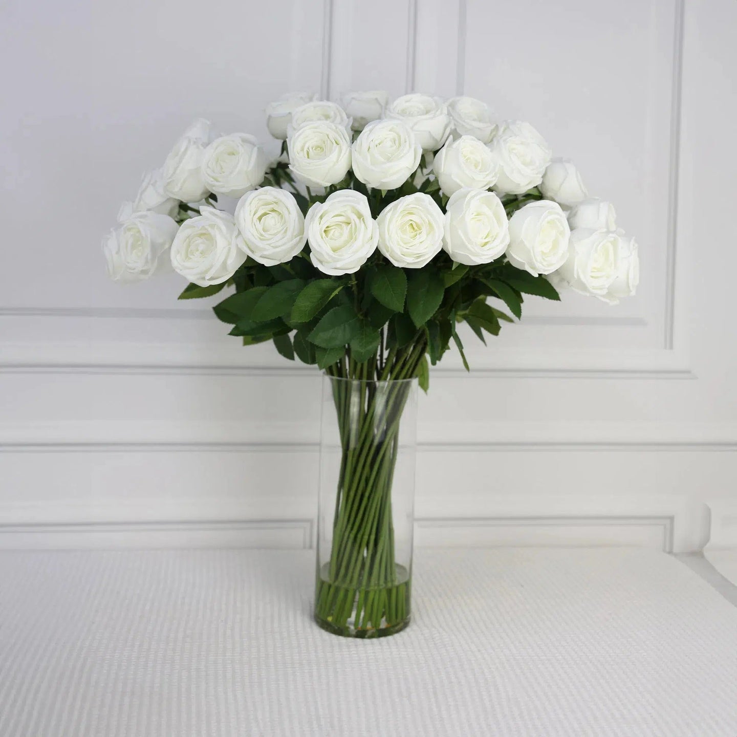 White Artificial Rose Arrangement in Cylindrical Vase - Tall