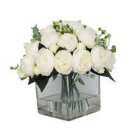 White Artificial Rose Arrangement in Square Vase - Large