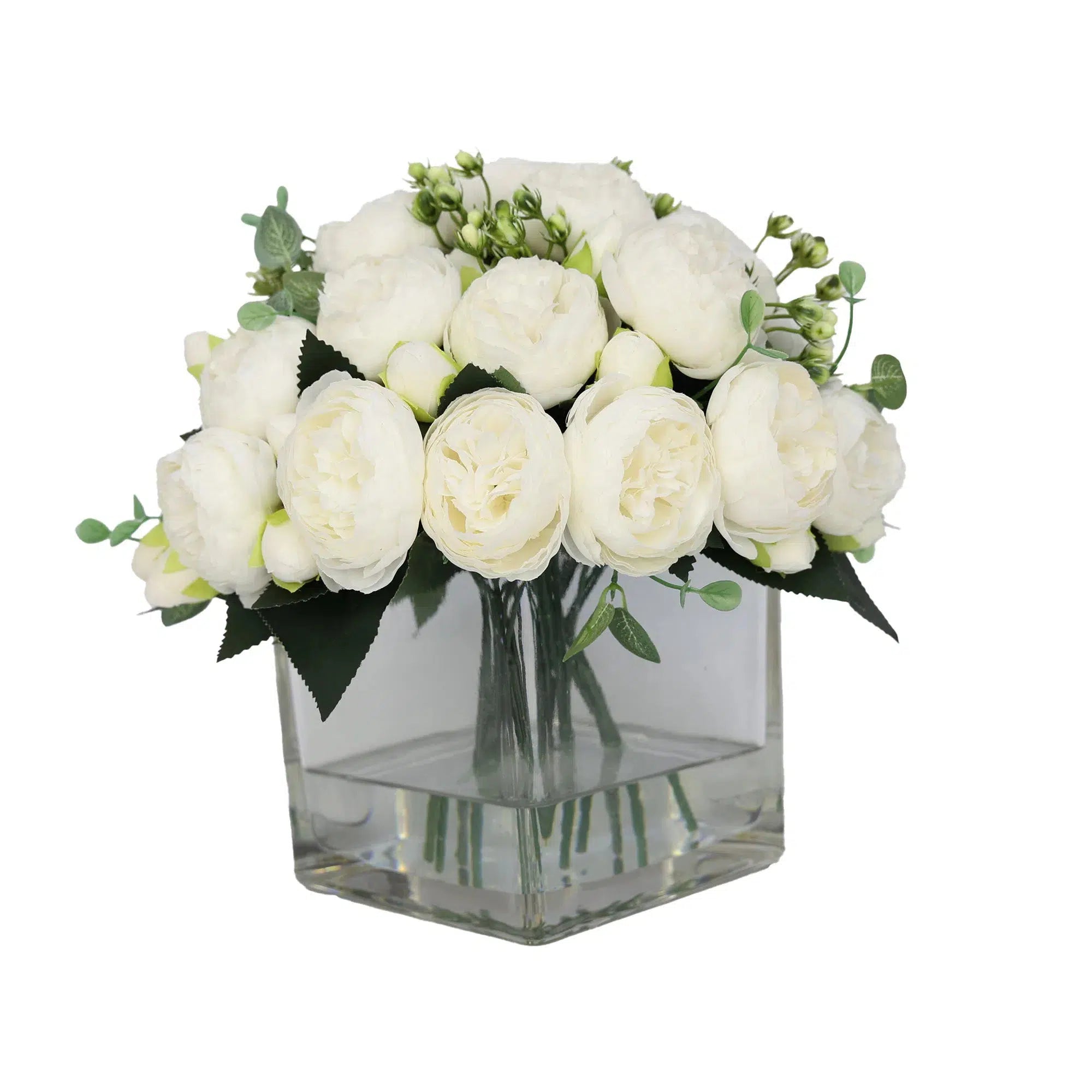 White Artificial Rose Arrangement in Square Vase - Large