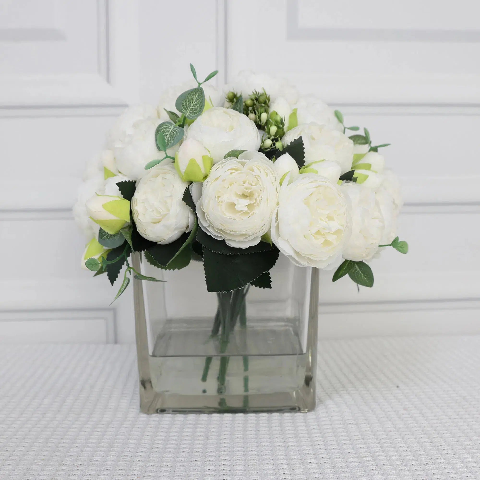 White Artificial Rose Arrangement in Square Vase - Large