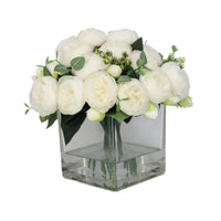 White Artificial Rose Arrangement in Square Vase - Large