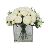 White Artificial Rose Arrangement in Square Vase - Large