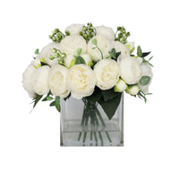 White Artificial Rose Arrangement in Square Vase - Large