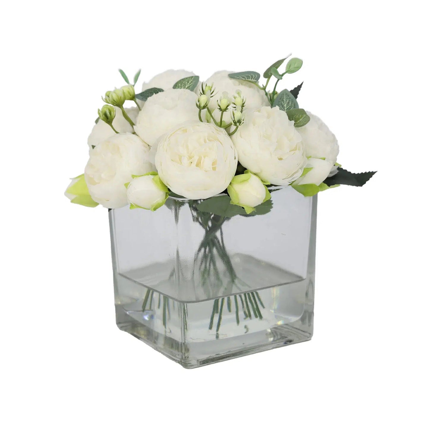 White Artificial Rose Arrangement in Square Vase - Medium