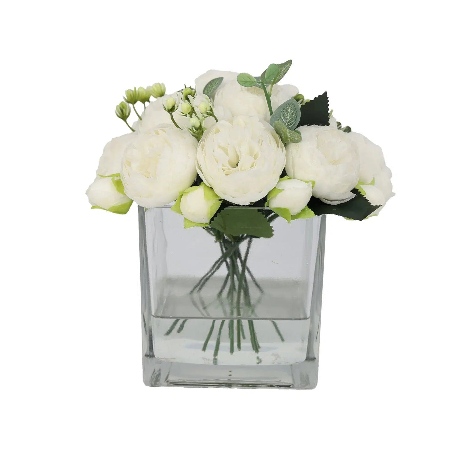 White Artificial Rose Arrangement in Square Vase - Medium