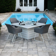 White Capri Dining Set, Firepit 4 Light Grey Chairs