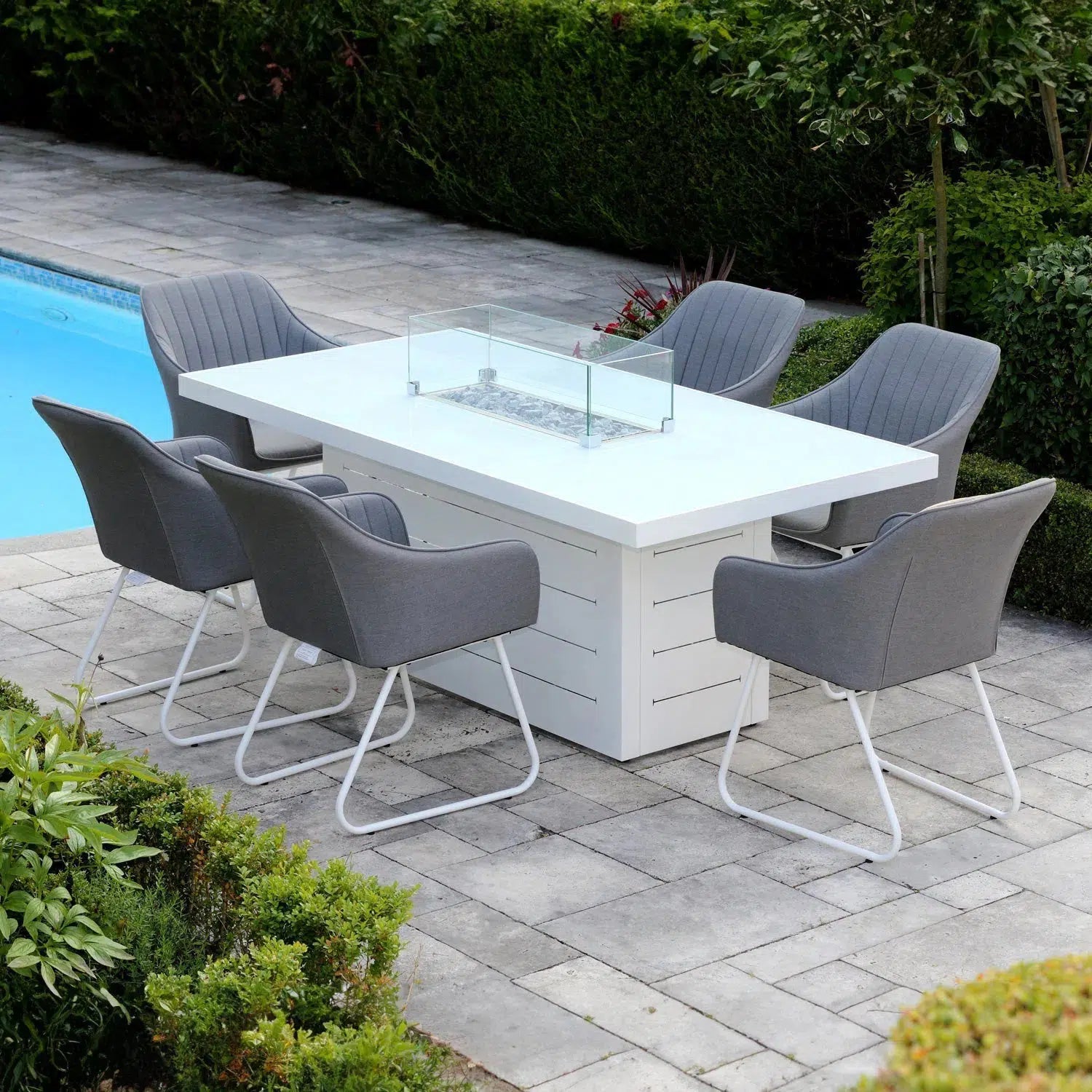 White Capri Dining Set, Firepit 6 Light Grey Chairs