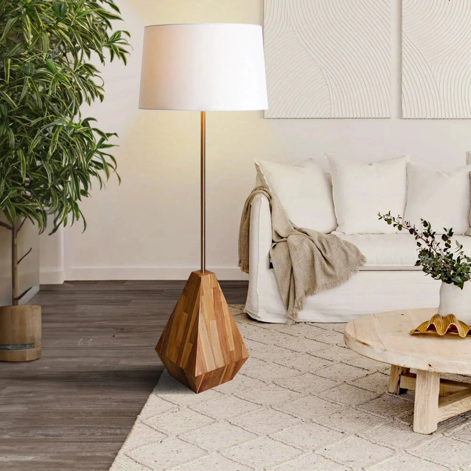 Wood effect Diamond Floor Lamp with Round Lamp Shade