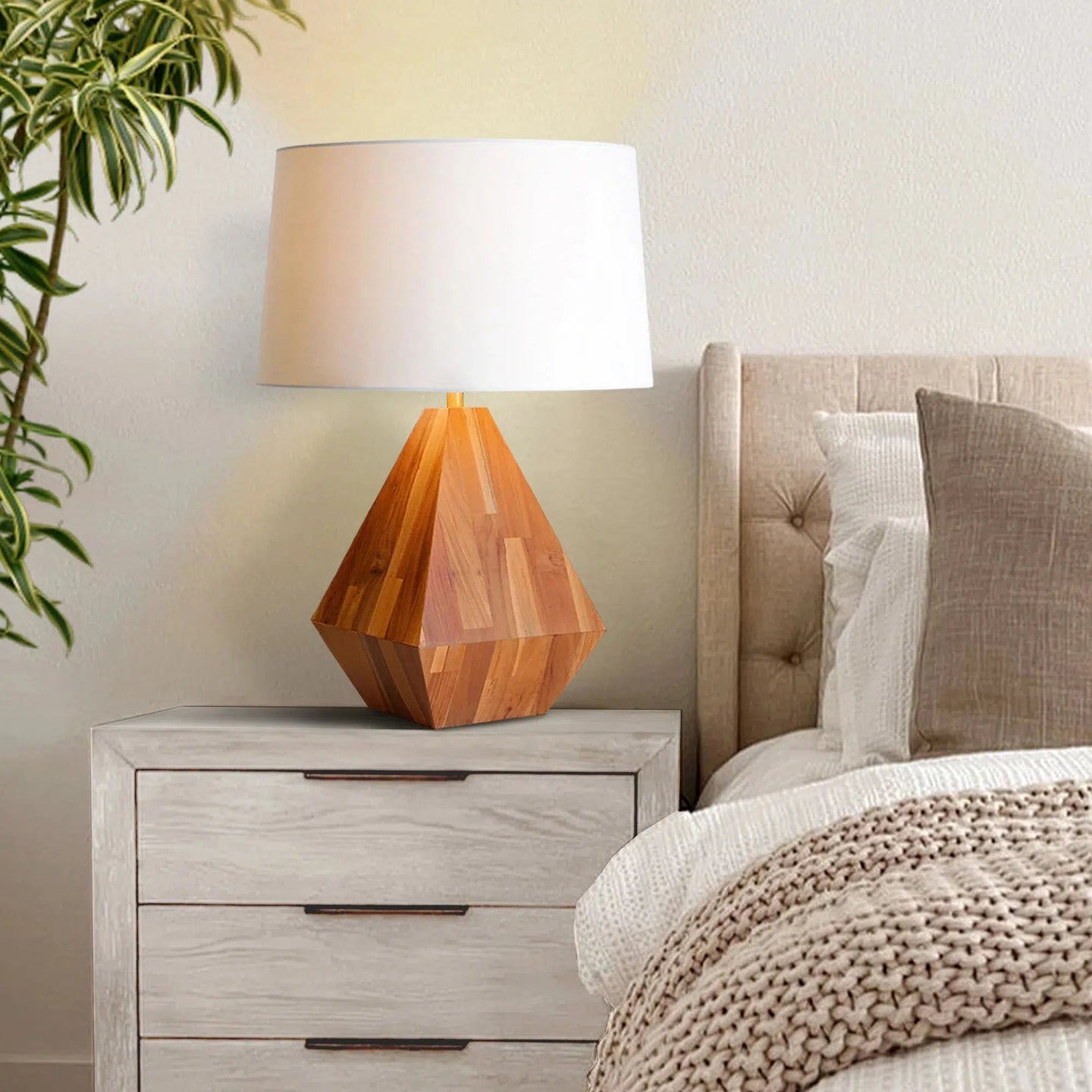 Wood effect Diamond Table Lamp with Round Lamp Shade