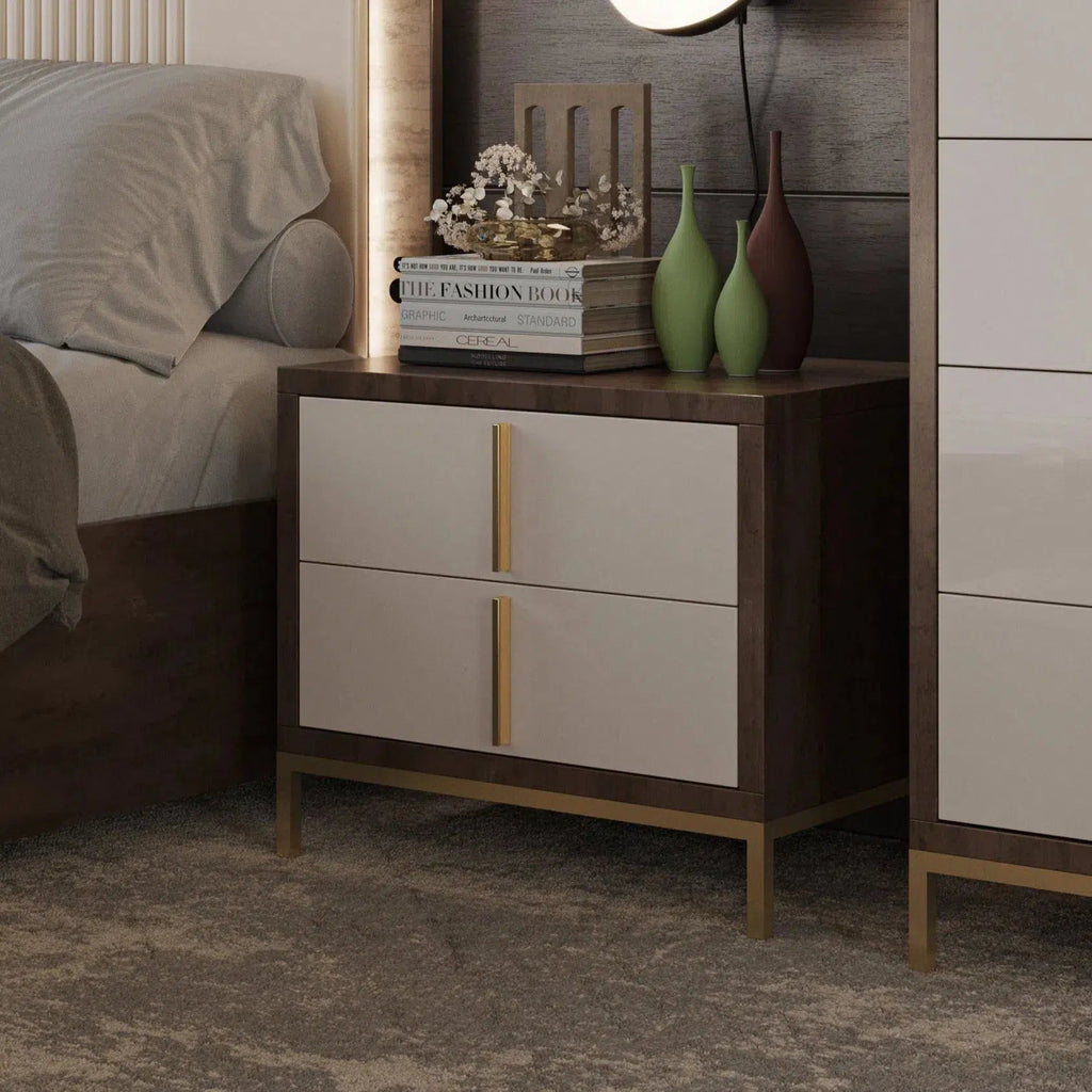 Zyra 2 Drawer Bedside Table - Brown,Cream,Gold 